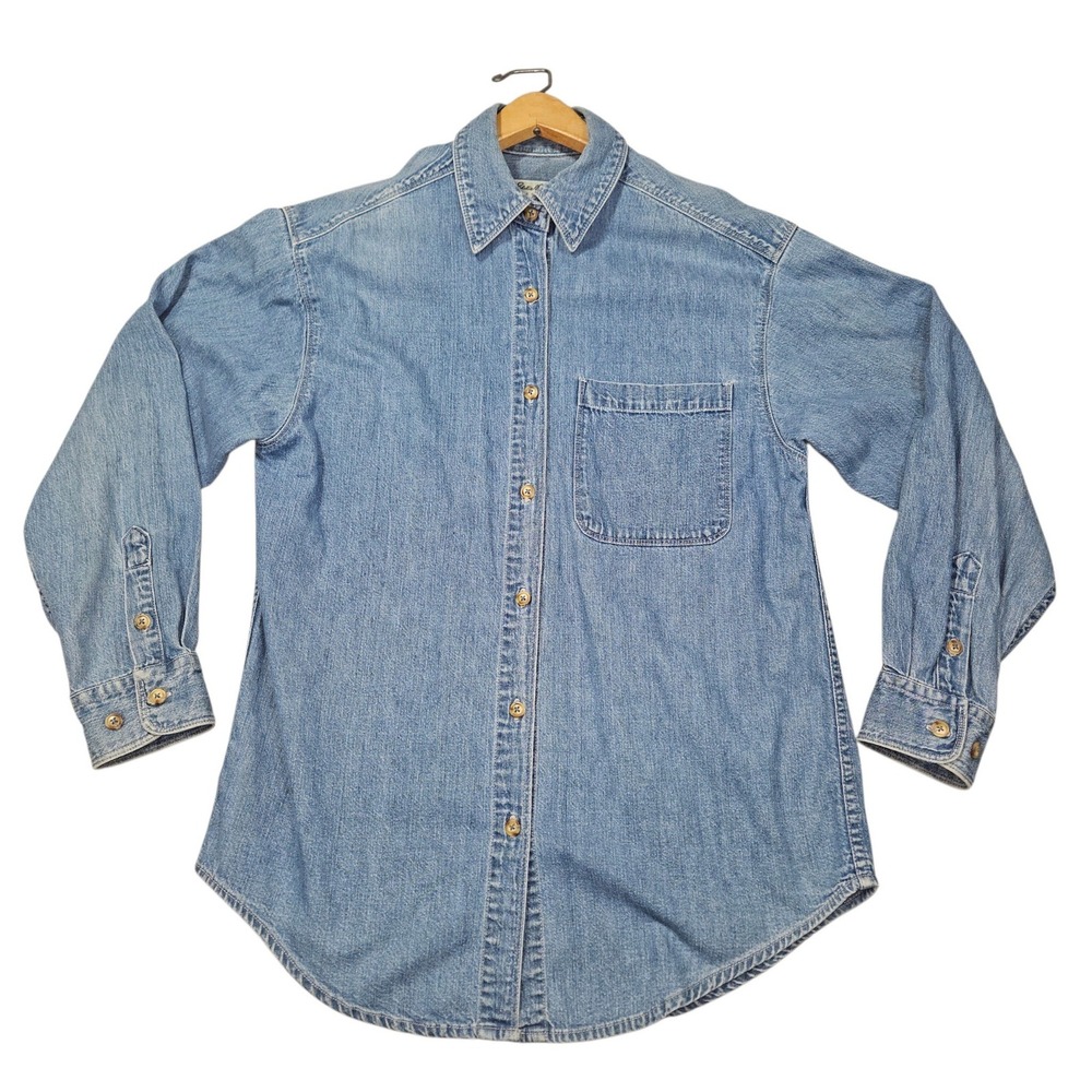 VTG Eddie Bauer 90s Denim Button Down Shirt Light Wash Blue Sz S/P